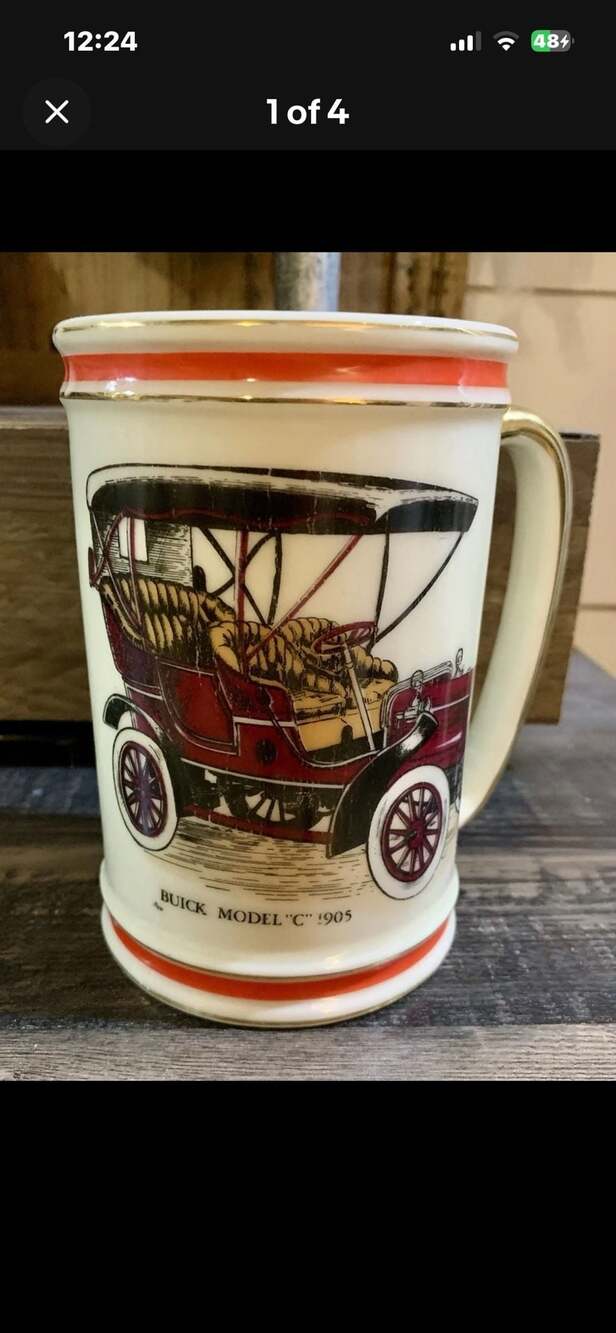 Vintage Hyalyn 620 Ceramic Mug Featuring 1905 Buick Model C Antique Car Gold Tri